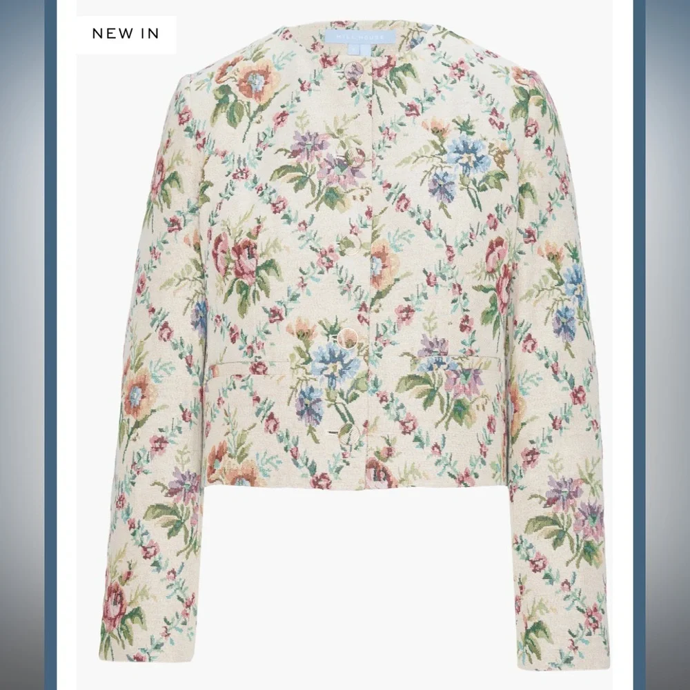 Hill House Home The Virginia Jacket in Tapestry Trellis Brocade Cream Pink Multi - Picture 8 of 8